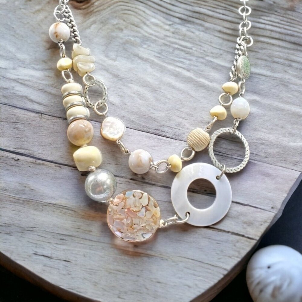 Signed NY Necklace Double Strand 20"+3" Silver Tone Pink Beige Bead Statement - Picture 1 of 5